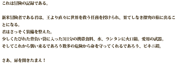 これは冒険の記録である。新米冒険者である君は、王より直々に世界を救う任務を授けられ、果てしなき探究の旅に出ることになる。君はさっそく装備を整えた。少しくたびれた背負い袋に入った3日分の携帯食料、水、ランタンに火口箱。愛用の武器。そしてこれから襲い来るであろう数多の危険から命を守ってくれるであろう、ビキニ鎧。さあ、扉を開きたまえ！